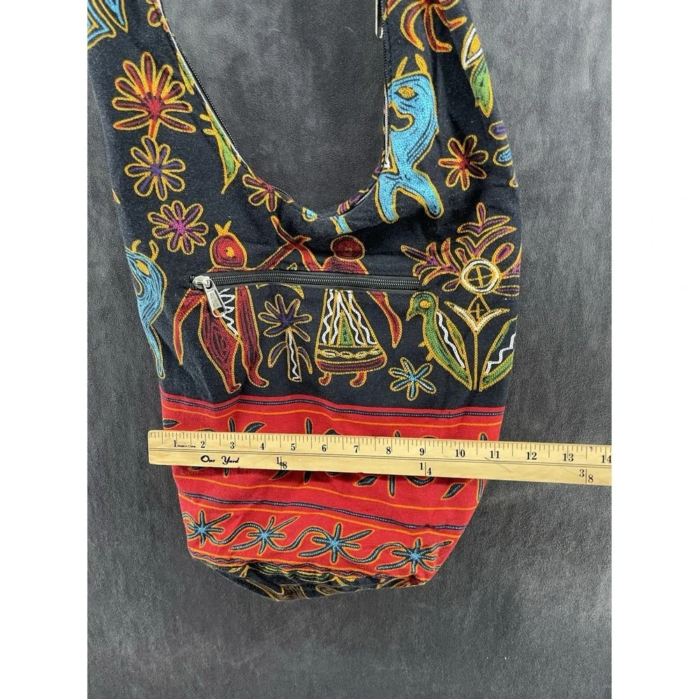 Boho Embroidered Crossbody Hobo Bag Black Floral Ethnic Festival Shoulder Tote